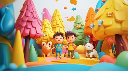 Obraz premium Colorful Animated Landscape with Children and Friendly Animals