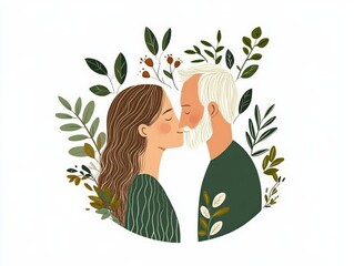 Romantic couple nestled in lush botanical surroundings, blending natural greenery with soft emotional tones to represent harmony, love, and the beauty of organic connection