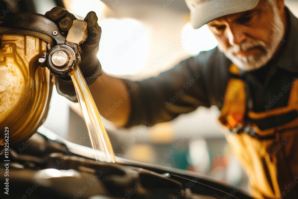 Poster a person working on a car engine, mechanical repair in progress