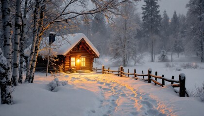 Cozy cabin with warm glowing lights in a serene snow-covered forest at dusk