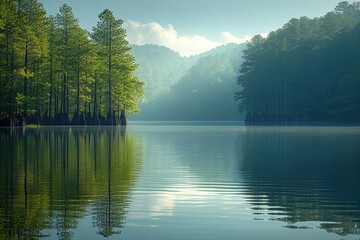 Fototapeta premium A serene lake scene on a sunny day surrounded by trees