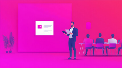 Dynamic sales meeting illustration, showcasing engaged participants exchanging ideas, modern workspace, collaborative atmosphere, vibrant visuals