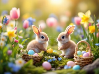 Adorable baby bunnies and vibrant spring flowers with colorful easter eggs