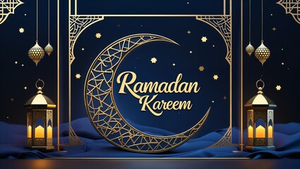 Elegant Ramadan Kareem Design with Golden Crescent Moon, Lanterns, and Geometric Patterns on a Starry Night Background