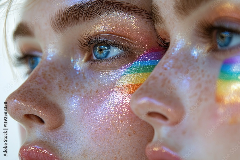 Poster a colorful portrait of someone with a vibrant rainbow painted on their face, perfect for creative pr