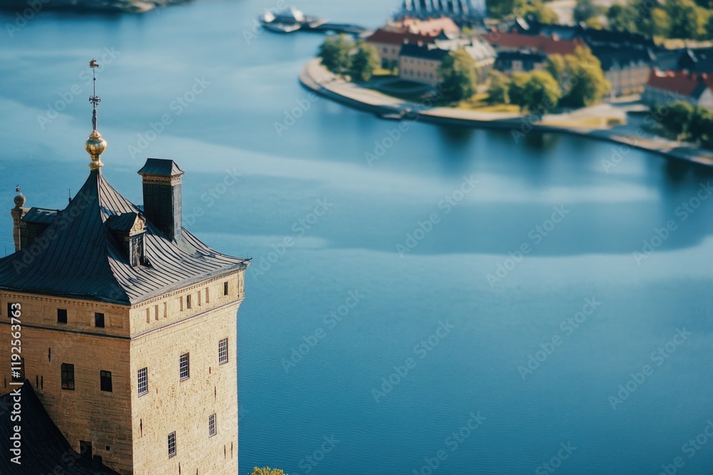 Poster a city tower with a clock and a body of water in the background