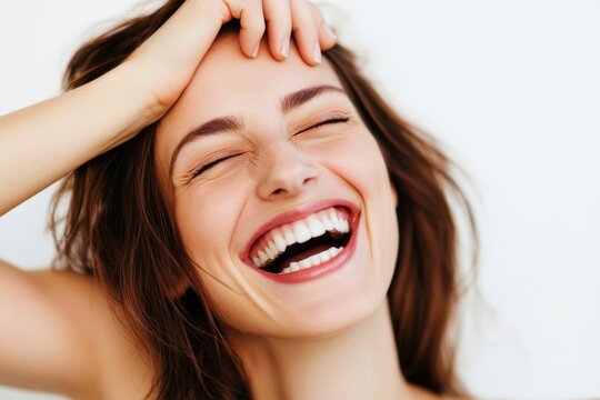 A woman smiling with her hands on her head, suggesting happiness and contentment