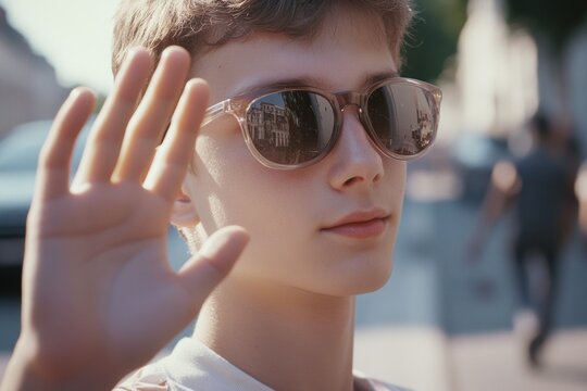 A woman holding a stop sign and posing with sunglasses on - Powered by Adobe