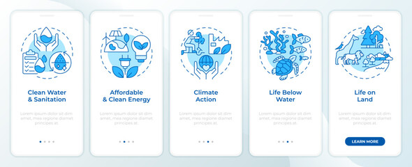 Fototapeta premium Environmental preservation blue onboarding mobile app screen. Walkthrough 5 steps editable graphic instructions with linear concepts. UI, UX, GUI template. Montserrat SemiBold, Regular fonts used