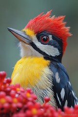 A close-up view of a vibrant bird's plumage, featuring bright red and yellow feathers