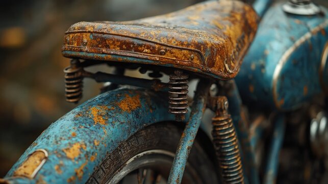 A detailed view of an old blue motorcycle, perfect for nostalgia or vintage-themed projects