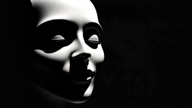 Serene Monochrome Sculpture of Human Face with Smooth Features and Closed Eyes Illuminated Against Dark Background