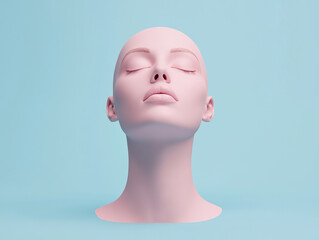 minimalistic 3D rendered head sculpture with closed eyes on pastel blue background