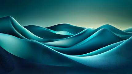 A futuristic abstract landscape with undulating waves in shades of teal and aqua, illuminated by soft, glowing highlights that suggest depth and motion 