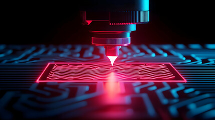 Laser cutter at work, crafting intricate geometric patterns on vibrant plastic material, showcasing precision and creativity in design.