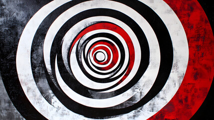 A hypnotic abstract design of concentric circles in alternating shades of black, white, and red, creating a bold and modern optical illusion 
