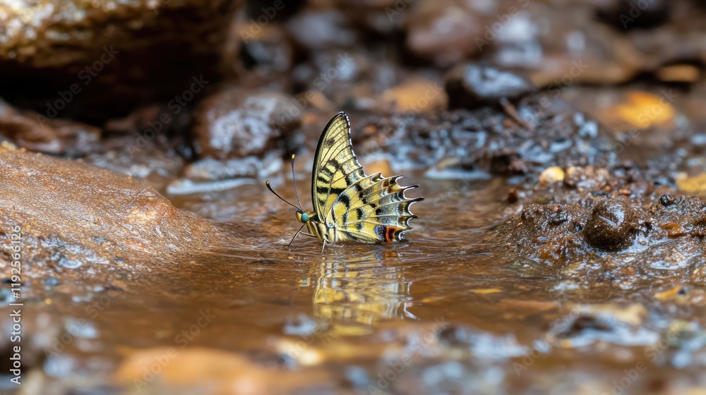 Sticker Yellow butterfly drinking water from a puddle on a rocky surface.