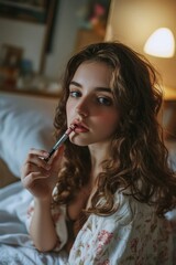 A woman sits on a bed with a lipstick in her mouth, getting ready for the day