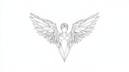 Obraz premium Intricate black and white sketch of a majestic angel with detailed wings and geometric accents, symbolizing balance, spirituality, and divine protection in an abstract artistic form