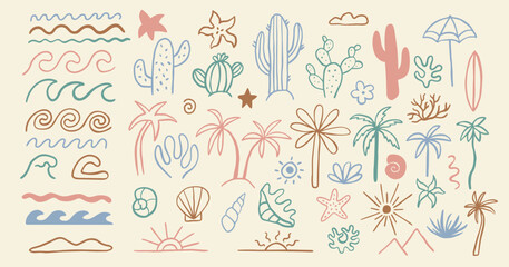 Fototapeta premium Groovy boho beach summer outline elements. Drawn palm tree and cactus. Abstract minimal sea and sun in trendy retro naive simple style.