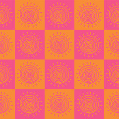 tribal sun pink orange chackered seamless pattern
