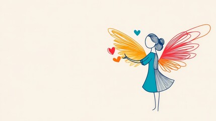 Enchanting fairy with glowing pastel wings surrounded by floating hearts, rendered in a whimsical digital art style with soft lighting and a magical ambiance on a beige background