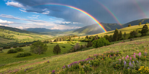 Obraz premium A Captivating Rainbow Gracefully Arching Over a Picturesque Scene