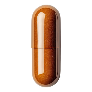 Top view of a centered brown capsule pill on a white background