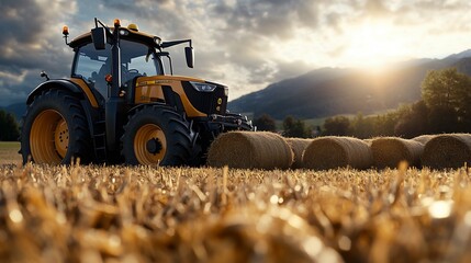 Obraz premium Powerful Tractor in a Golden Harvest Field at Sunset