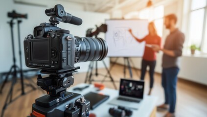 Professional Videography Gear in a Media Studio with Creative Professionals in Background