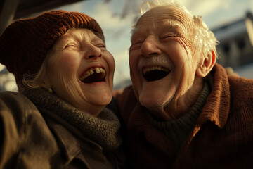 Low angle view of cheerful elderly people laughing with joy