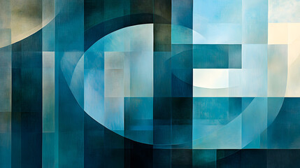 A surreal abstract design with layers of translucent, overlapping shapes in cool tones of blue and teal, creating a sense of depth and mystery 