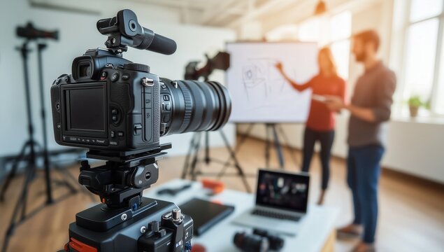Professional Videography Gear in a Media Studio with Creative Professionals in Background
