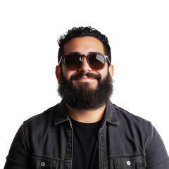 Obraz premium Friendly Hispanic man with beard and sunglasses isolated on transparent background