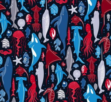 deep sea ocean mammals creatures and fish marine life nautical seamless pattern, vector illustration repeat design in red blue grey navy on dark background