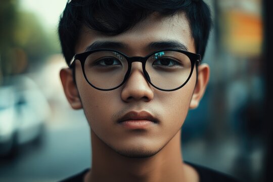 A portrait of a young man with glasses and a black shirt, great for personal use or as a model reference