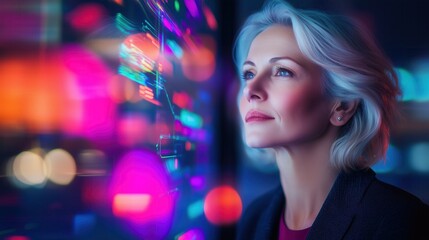 Focused Businesswoman Reflecting on Digital Innovations in a Vibrant High-Tech Environment