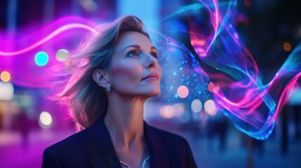 Captivating Portrait of a Businesswoman Immersed in Abstract Energy Waves Amid a Cityscape