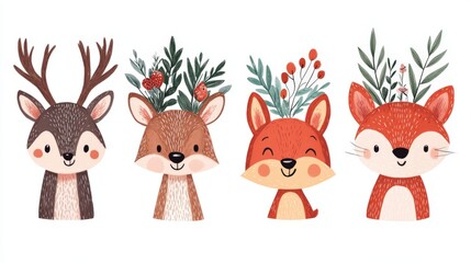 Fototapeta premium Adorable forest animal faces including foxes, deer, and raccoons in a colorful, stylized vector art perfect for modern nature themed decor