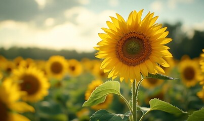 Fototapeta premium Sunflower field sunset, nature background