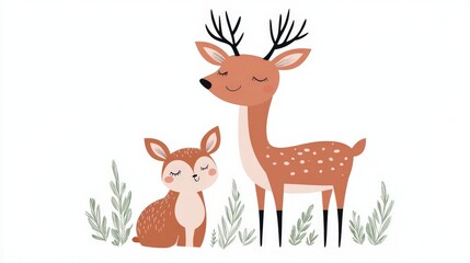 Adorable deer family in a grassy meadow with floral accents in a pastel toned, nature inspired flat vector illustration for serene decor