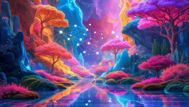 Colorful fantasy landscape reflecting in a lake with network connections
