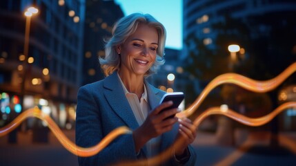Mature Businesswoman Using Smartphone in Urban Night Setting with Light Trails
