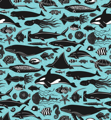 deep sea ocean mammals creatures and fish marine life nautical seamless pattern, vector illustration repeat design in black turquoise teal and white © VecTerrain