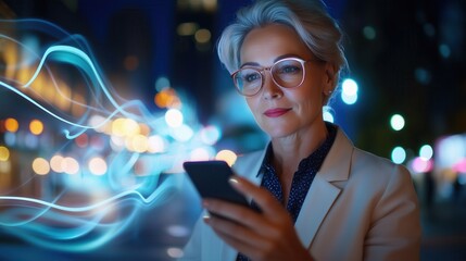 Mature Female Professional Engaging with Mobile Technology Amidst Ambient Digital Effects in an Urban Night Setting