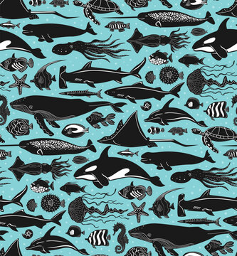 deep sea ocean mammals creatures and fish marine life nautical seamless pattern, vector illustration repeat design in black turquoise teal and white
