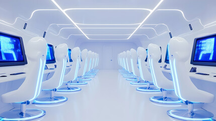 Futuristic Classroom Oasis, a sleek, minimalist design featuring innovative seating, vibrant colors, and advanced technology for enhanced learning.