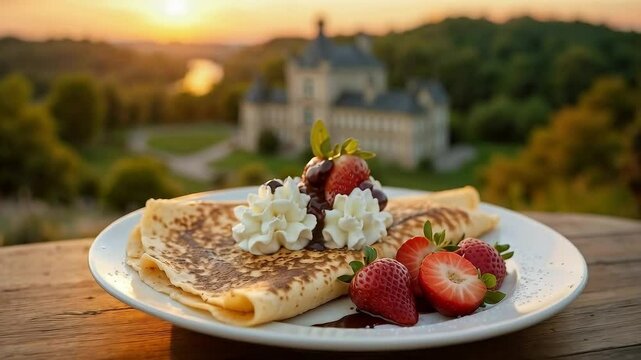 Crepas con fresas y crema en un entorno de castillo al atardecer