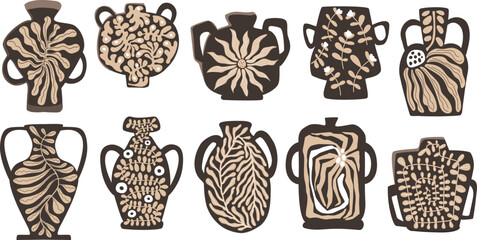 hand drawn wall art  modern abstract minimalist abstract art boho pottery ceramic vases decorated with curvy groovy botanical floral shapes in neutral organic beige  set © VecTerrain