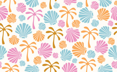 Seamless pattern in trendy Boho style. Naive Geometric Summer shape. Tropical simple paradise background. Hand Drawn Summer Beach. Bohemian Surf Club design. Isolated Vector illustration.